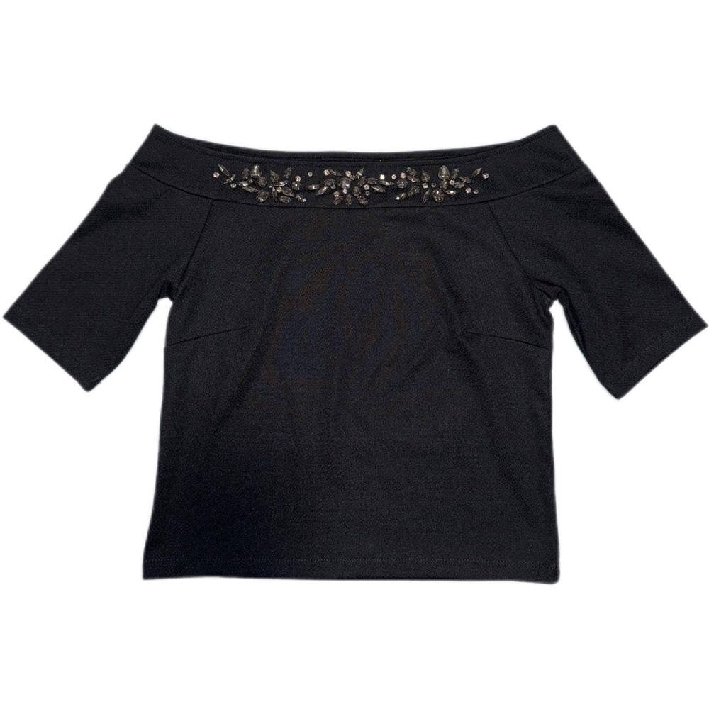 Black boatneck/off the shoulder top with rhinestones